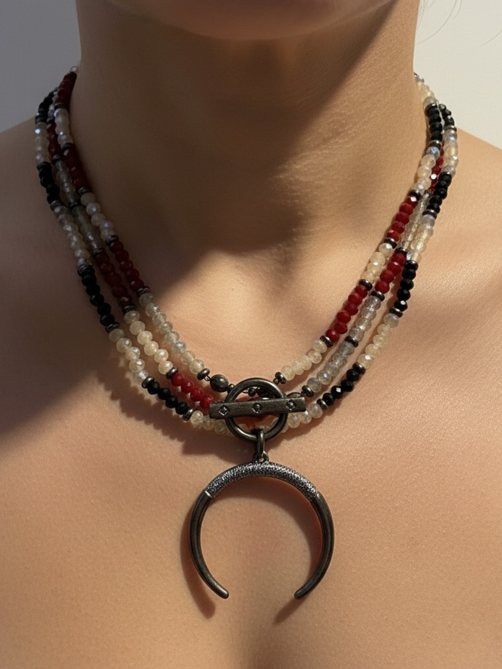 New Marlyn Schiff Beaded Crescent Pendant Necklace in Red, Black & White